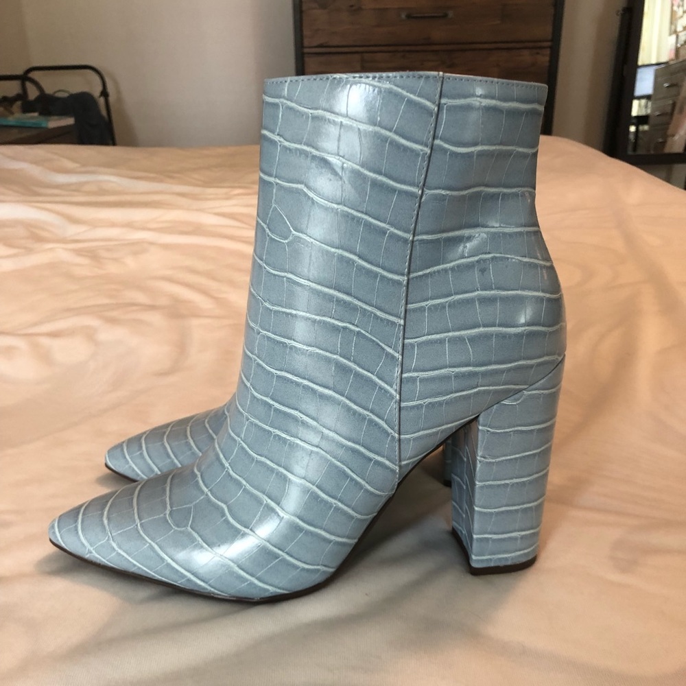 Blue snakeskin booties